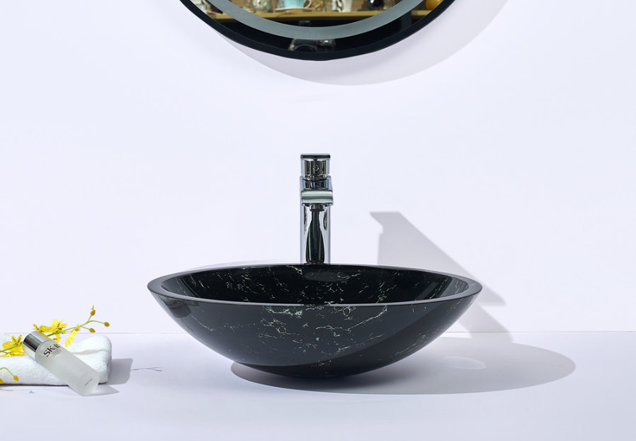 Infinity Gloss Black Double Layer Tempered Glass Oval Above Counter Art Basin 480*390*140mm