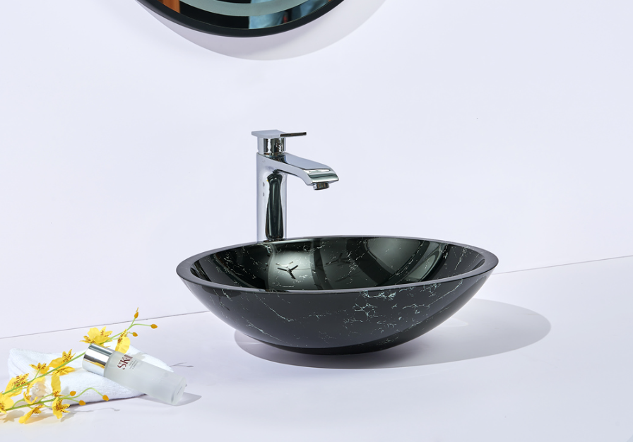 Infinity Gloss Black Double Layer Tempered Glass Oval Above Counter Art Basin 480*390*140mm