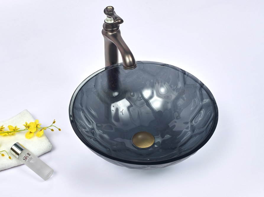 Infinity Dark Grey Double Layer Tempered Glass Round Above Counter Art Basin 420*420*145mm