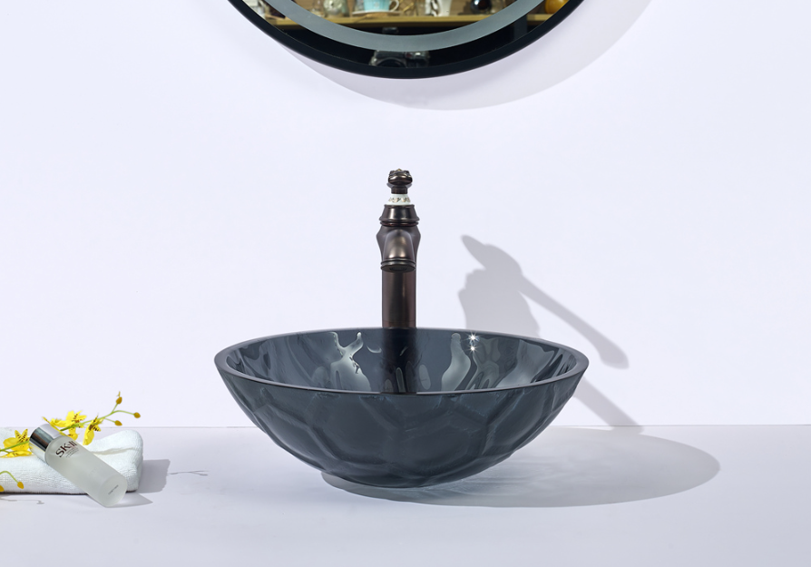 Infinity Dark Grey Double Layer Tempered Glass Round Above Counter Art Basin 420*420*145mm