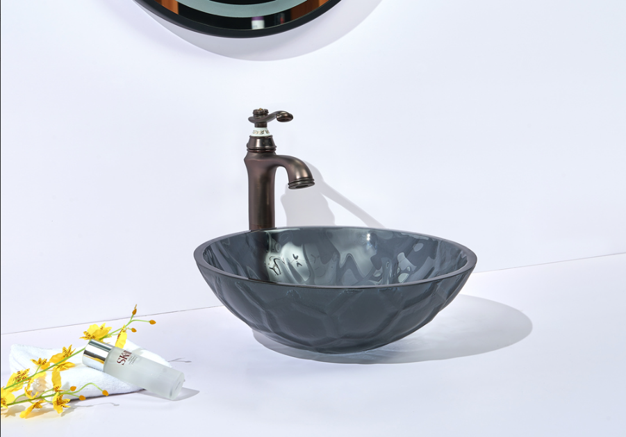 Infinity Dark Grey Double Layer Tempered Glass Round Above Counter Art Basin 420*420*145mm