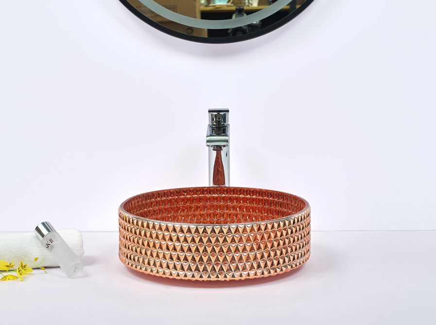 Infinity Champagne Rose Tempered Glass Round Above Counter Art Basin 395*395*125mm