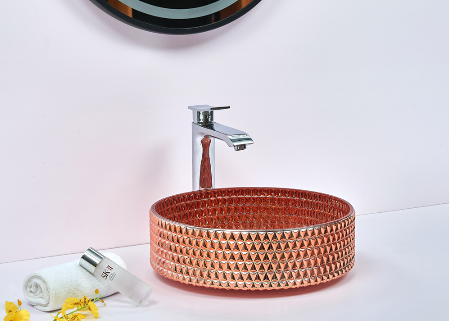 Infinity Champagne Rose Tempered Glass Round Above Counter Art Basin 395*395*125mm