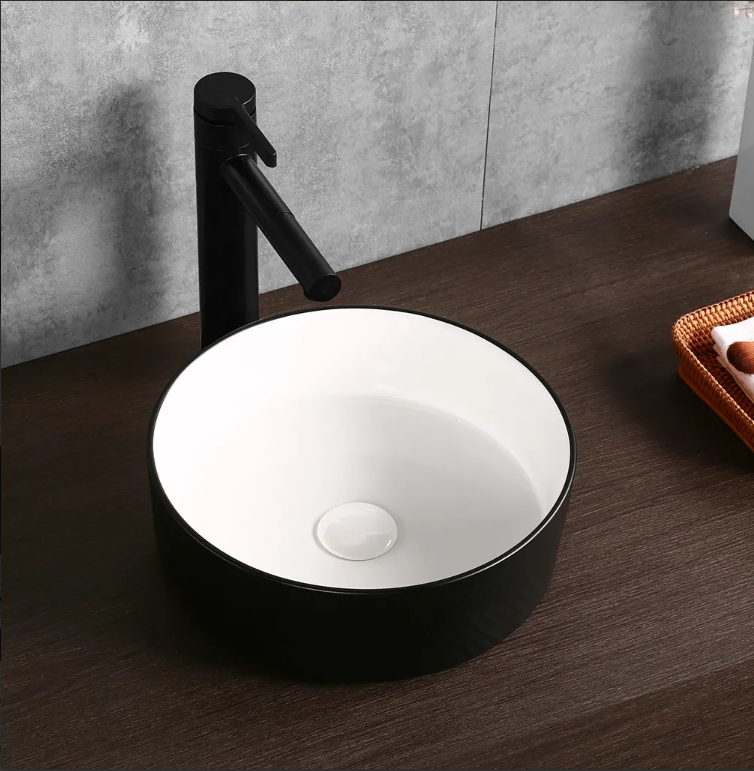 Infinity 360×360×120mm Round Diagonal Pattern Art Basin — Inner Gloss White / Outer Matt Black