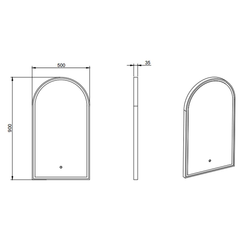 Technical drawing of Infinity Bianco arched LED bathroom mirror, 900x500mm, Secasa Home