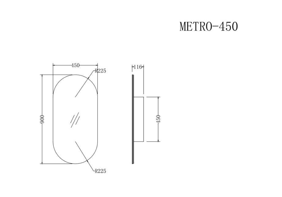 Metro-450 shaving cabinet technical drawing with dimensions, modern bathroom design