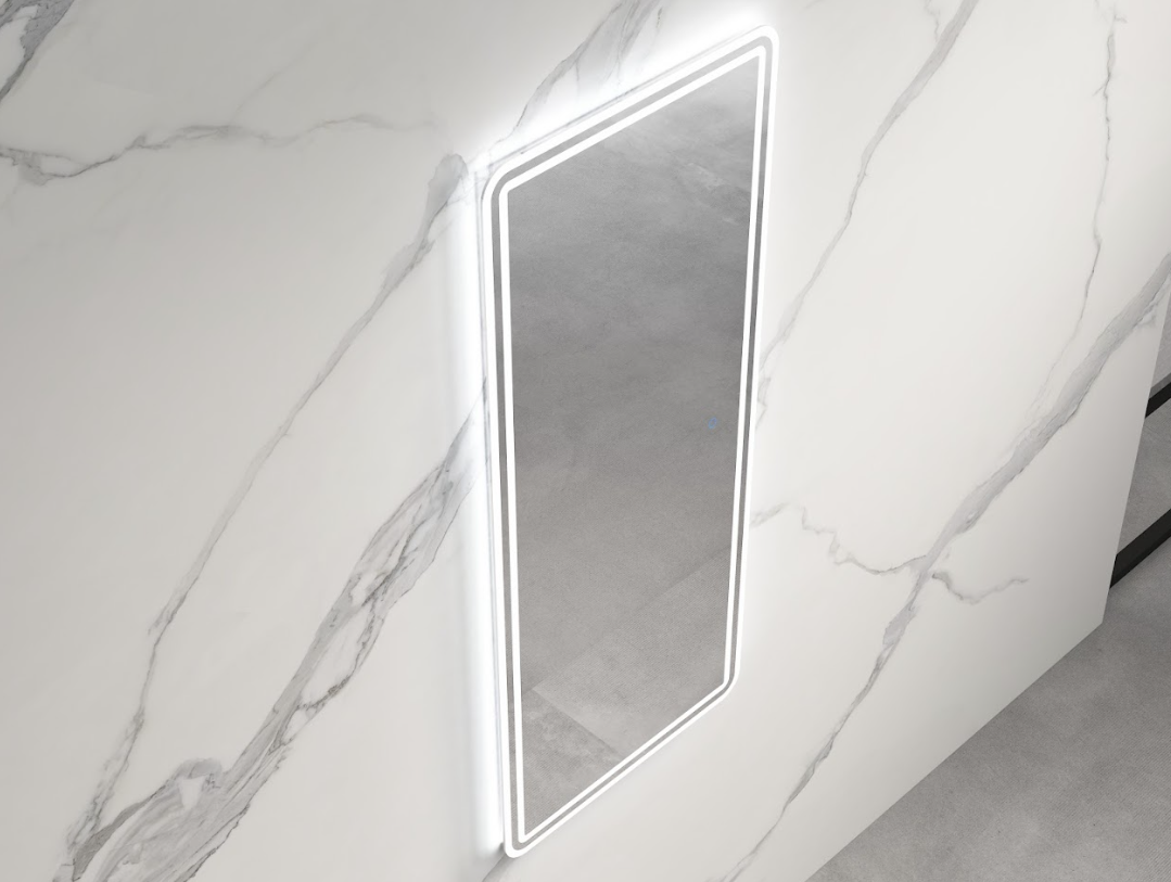 Rectangular frameless LED bathroom mirror on marble wall, modern Secasa Home style