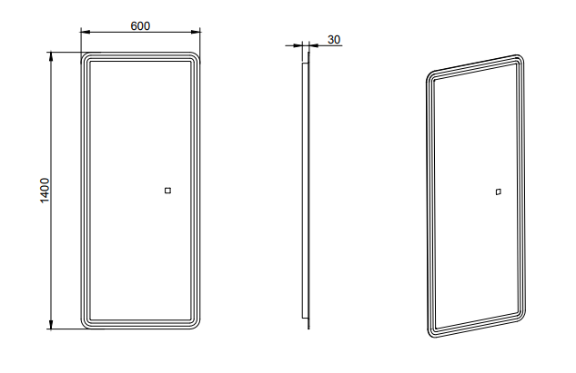 Rectangular frameless LED mirror 600x1400x30mm, technical drawing, Secasa Home.