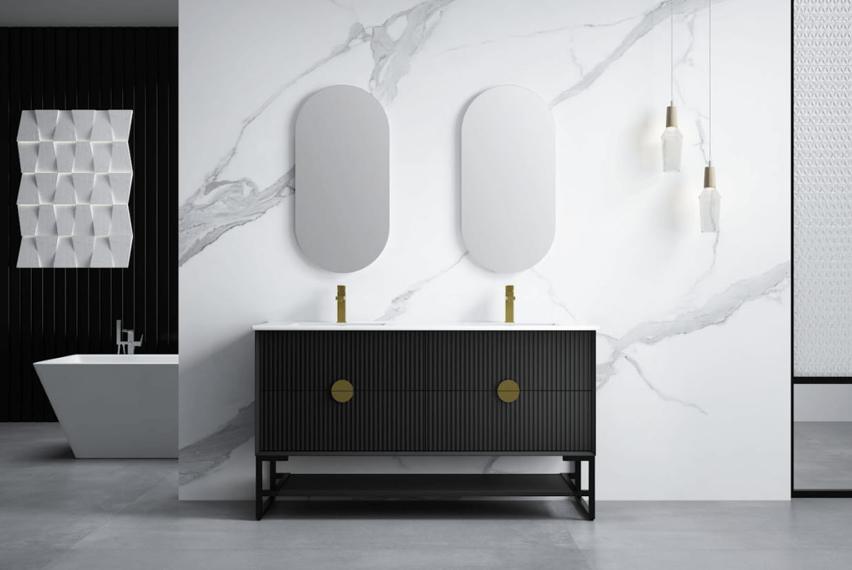 Modern bathroom with Kingo 1500mm matt black wall hung vanity, double bowls, and oval mirrors