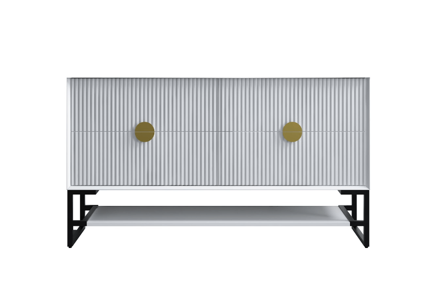 Modern 1800mm matt white bathroom vanity with fluted front, gold handles, and black frame