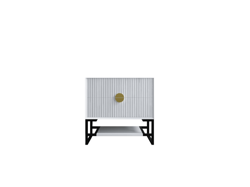 Modern 750mm matt white bathroom vanity with fluted front, brass handle, and black metal base