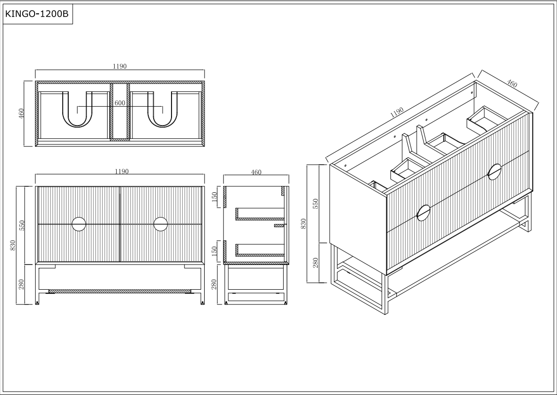 Technical drawing of Secasa Home Kingo Black double bathroom vanity with dimensions, modern design.
