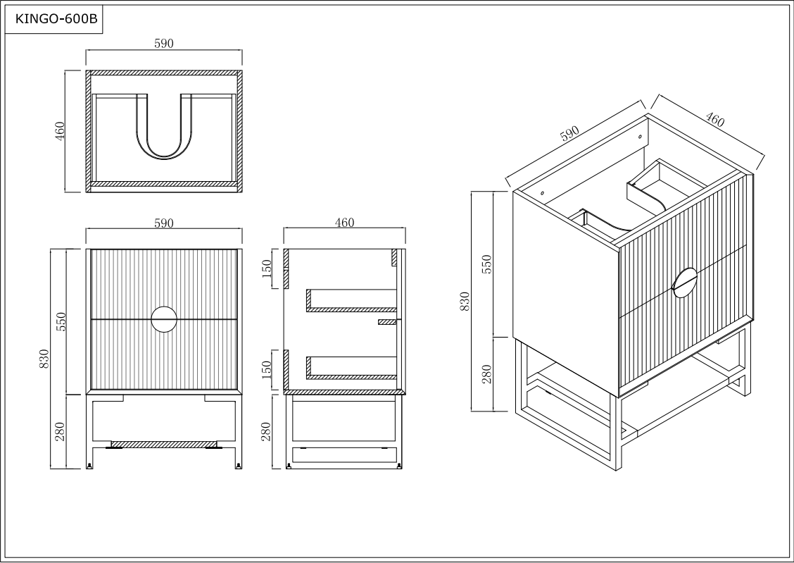 Kingo 600 black single bowl bathroom vanity technical drawing with measurements from Secasa Home.