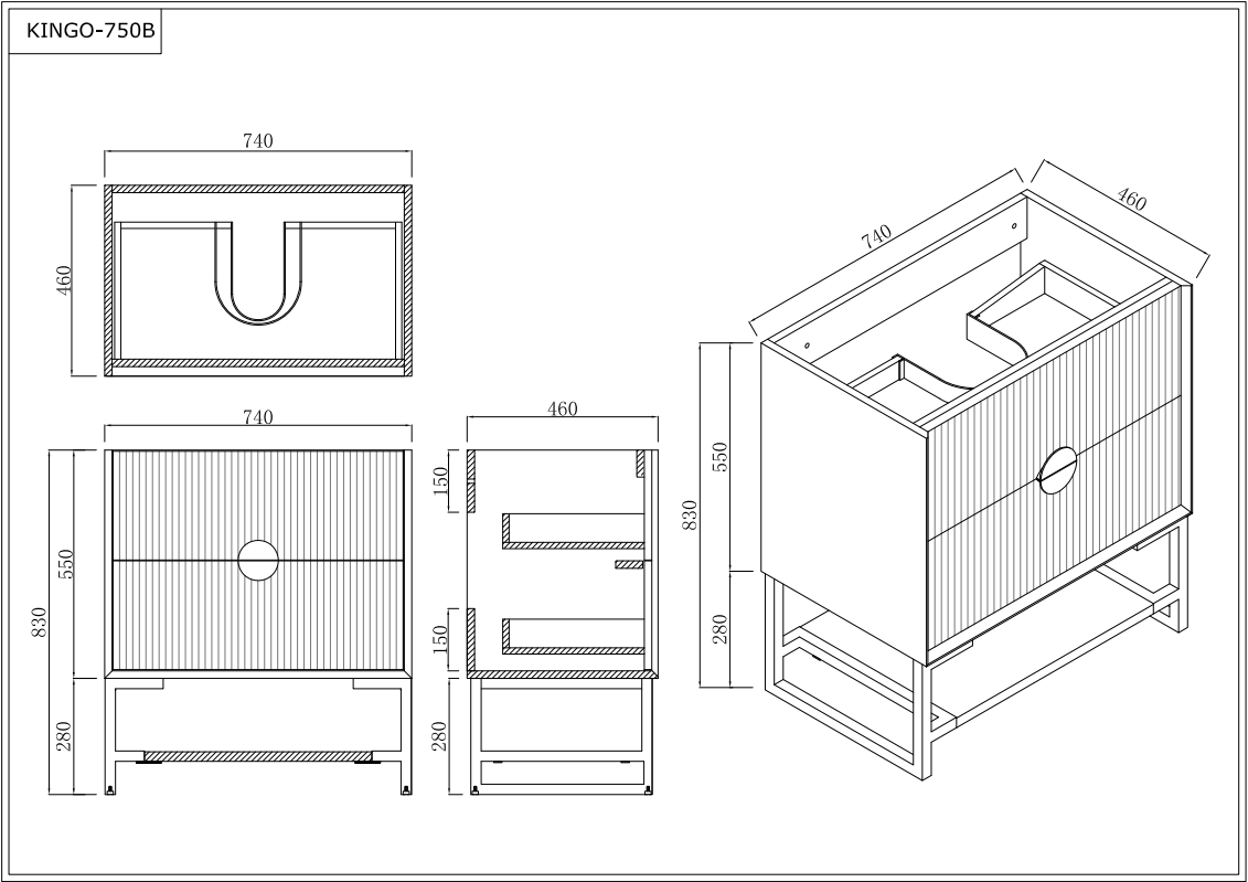 Kingo Black 750 single bowl bathroom vanity technical drawing with measurements, Secasa Home.