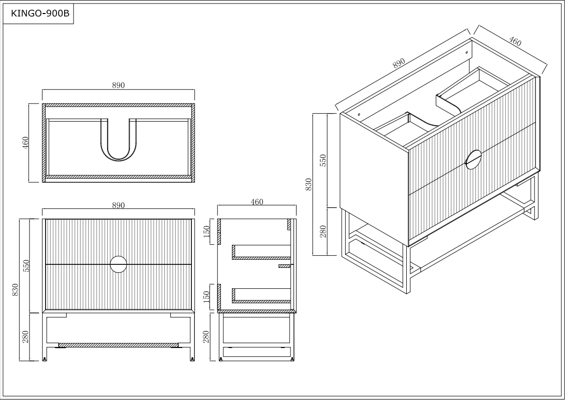 Technical drawing of Secasa Home Kingo-900B black single bowl bathroom vanity with dimensions.