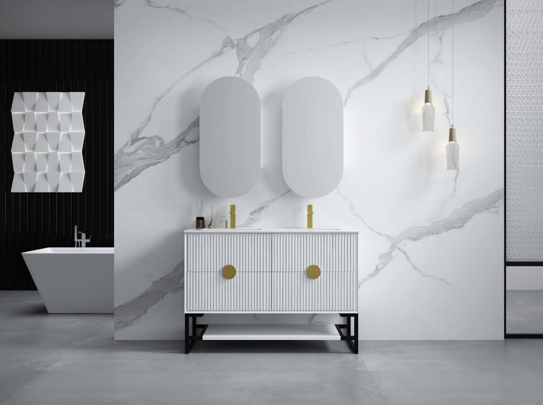 Modern bathroom with Kingo matt white fluted 1200mm vanity, double mirrors, and marble wall