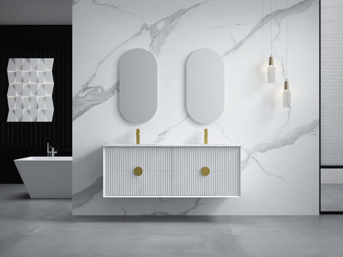 Modern bathroom with Secasa Home Kingo Matt White Fluted 1500mm vanity, marble wall, oval mirrors.