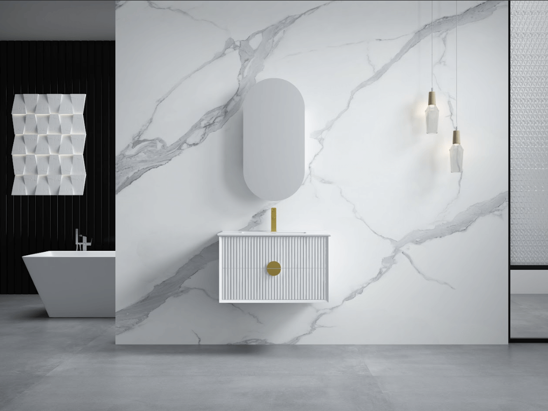 Modern bathroom with Kingo Matt White Fluted 750mm vanity, marble wall, freestanding bath, pendant lights