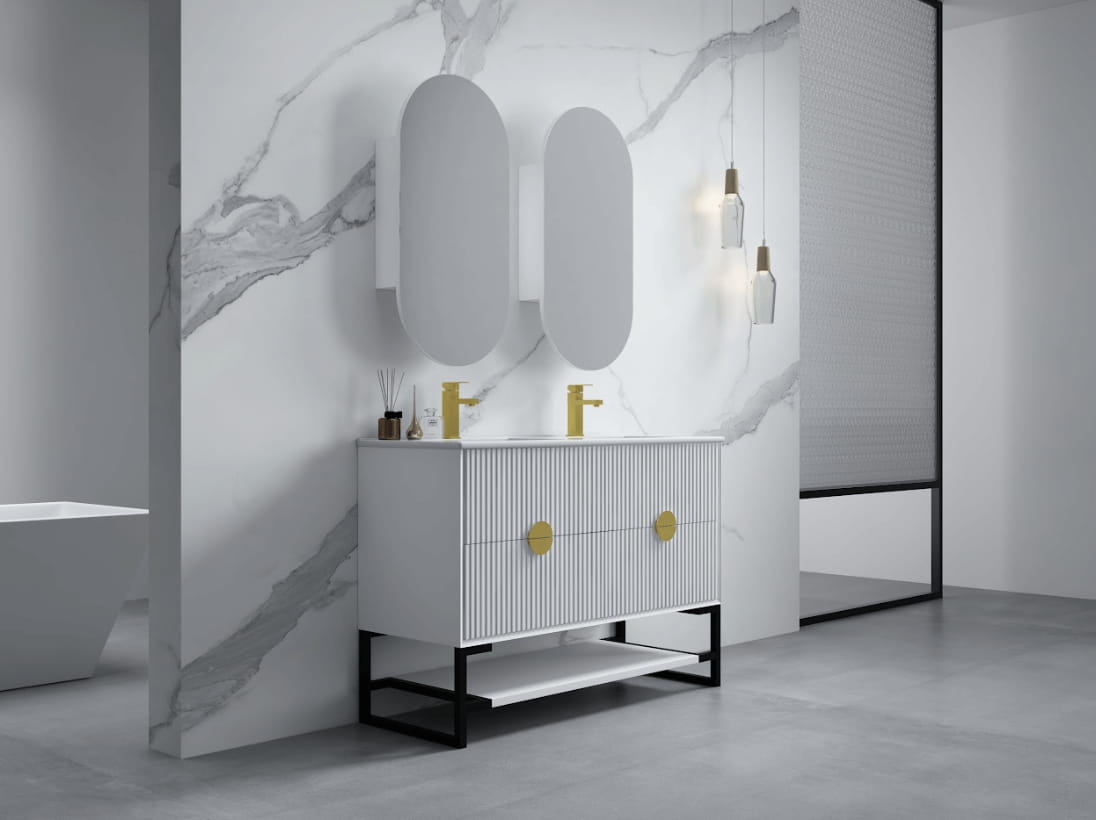 Modern white freestanding bathroom vanity with gold fixtures and double mirrors, Secasa Home