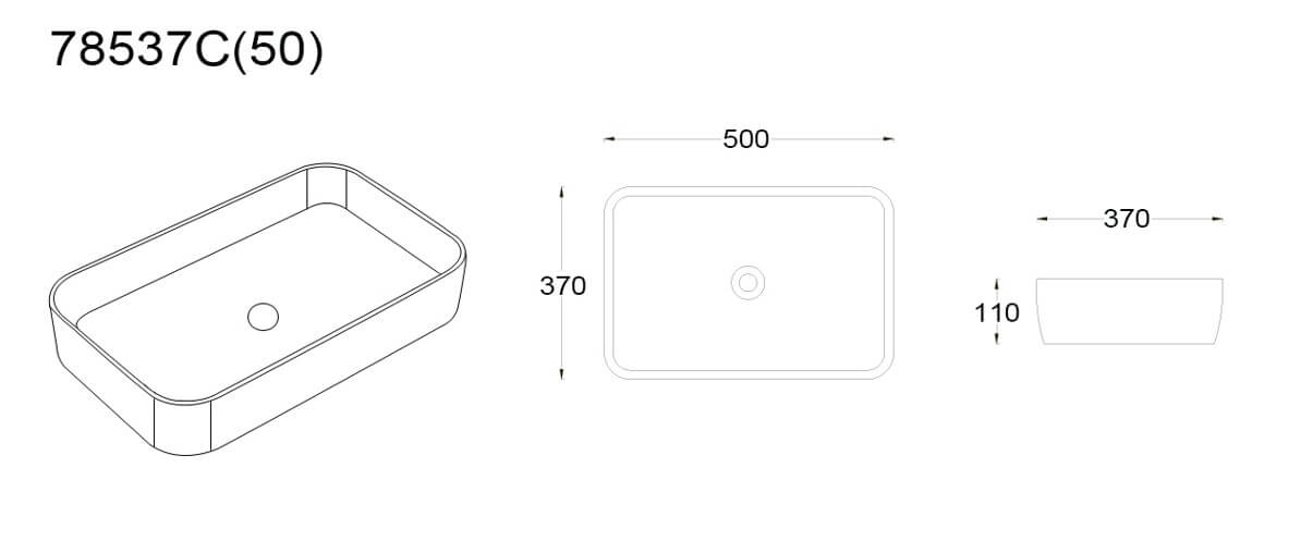 Dimension diagram of Lukka Kliff fine ceramic above counter basin 505×370×110 mm in matt marble white, rectangular shape, non-overflow