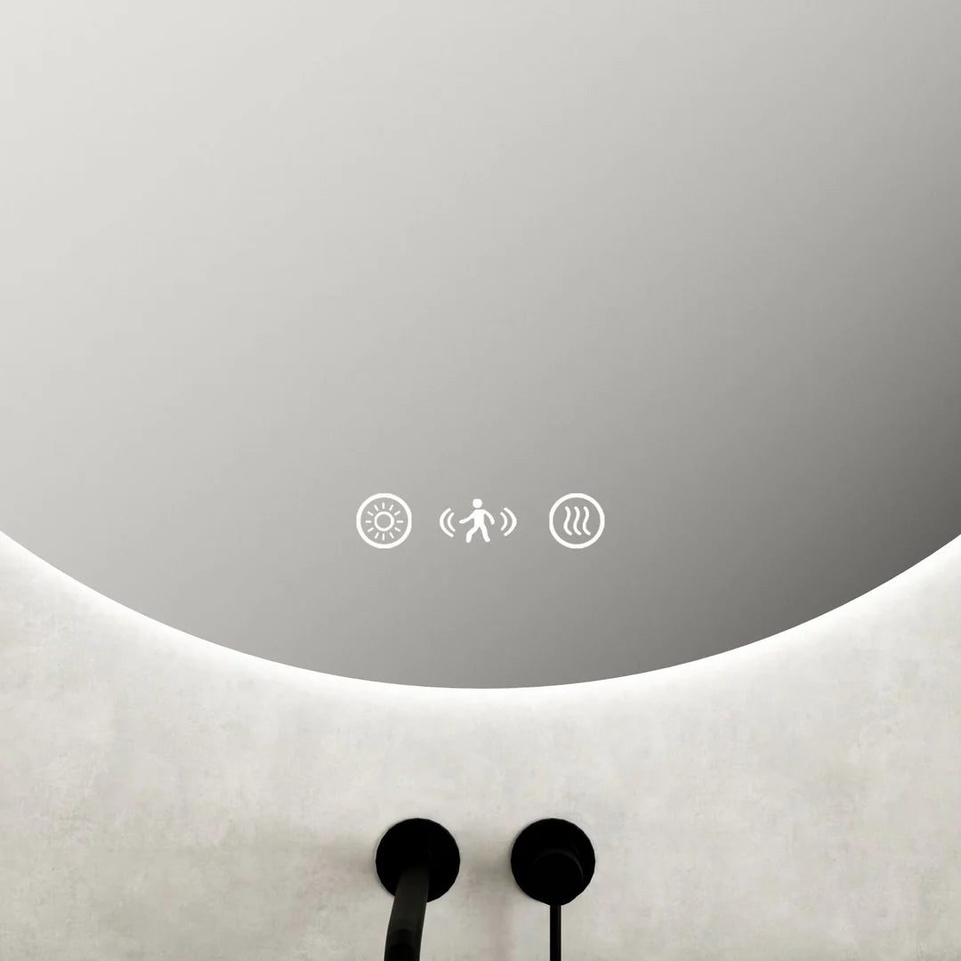 Modern round LED bathroom mirror with touch controls and matte black tapware, Secasa Home