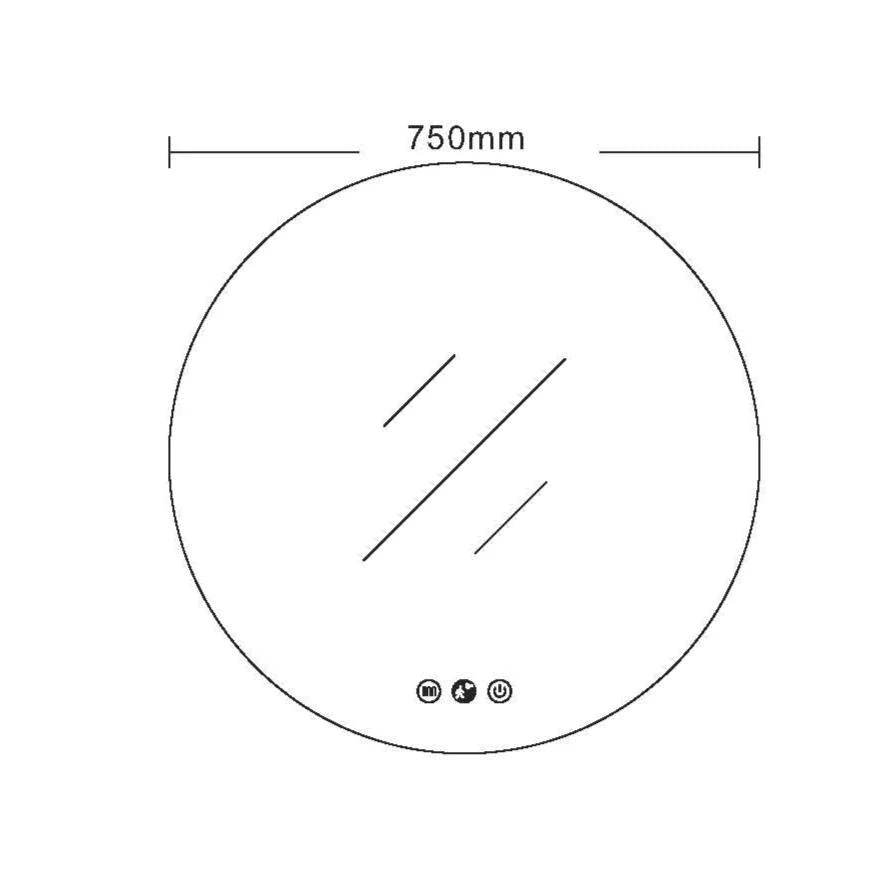 Round LED bathroom mirror 750mm with touch controls, modern design from Secasa Home.