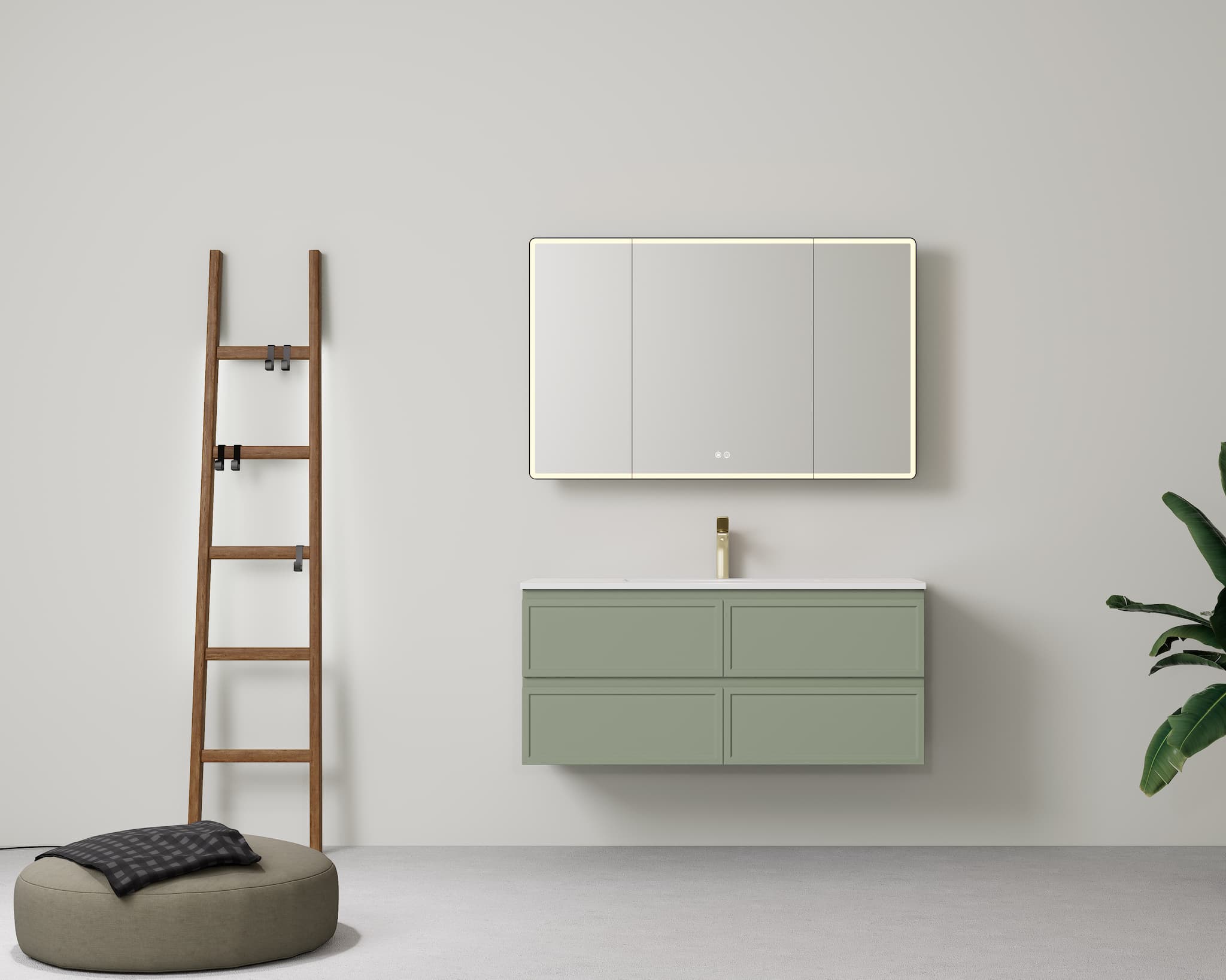 Lukka New Hamilton 1200mm Single Bowl Slim Wall Hung Vanity Cabinet in Olive Green, displayed on a white studio background.