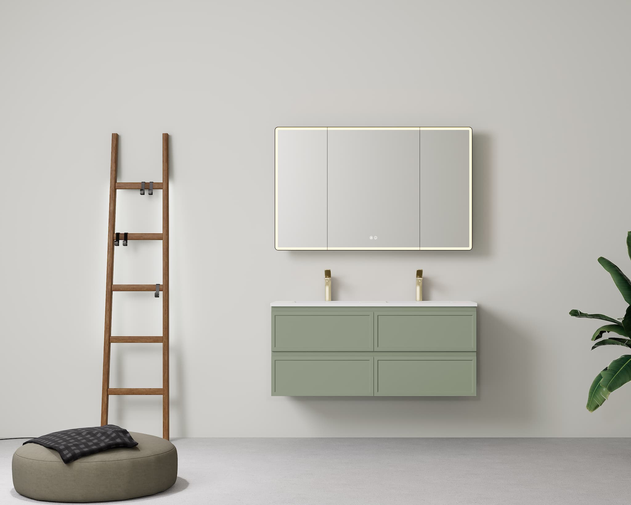 Elegant master bathroom with Lukka New Hamilton 1200mm Double Bowl Slim Wall Hung Vanity in Olive Green, perfect for a chic, personalized shared space.