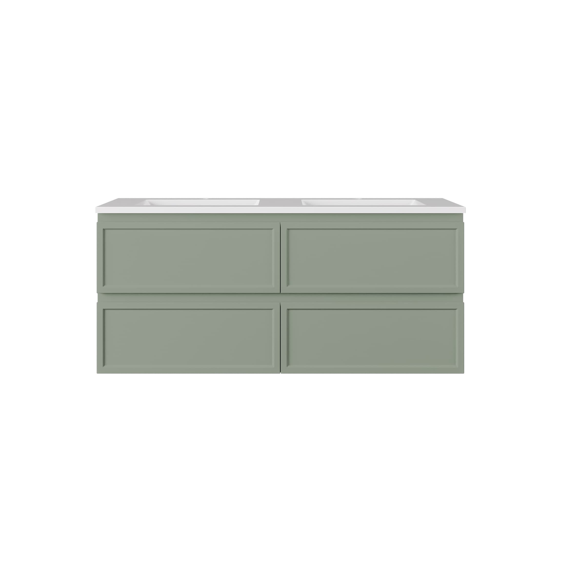 Lukka New Hamilton 1200mm Double Bowl Slim Wall Hung Vanity Cabinet in Olive Green, isolated on white background, showing two basin cut-outs.