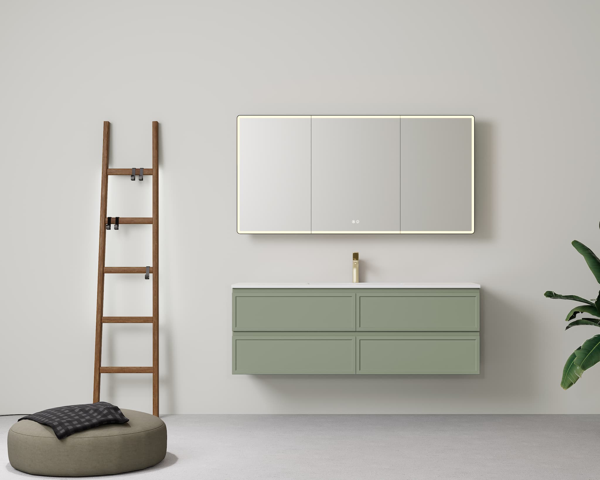 Luxurious bathroom design showcasing Lukka New Hamilton 1500mm Single Bowl Slim Wall Hung Vanity in Olive Green, providing extensive storage and an impactful colour.