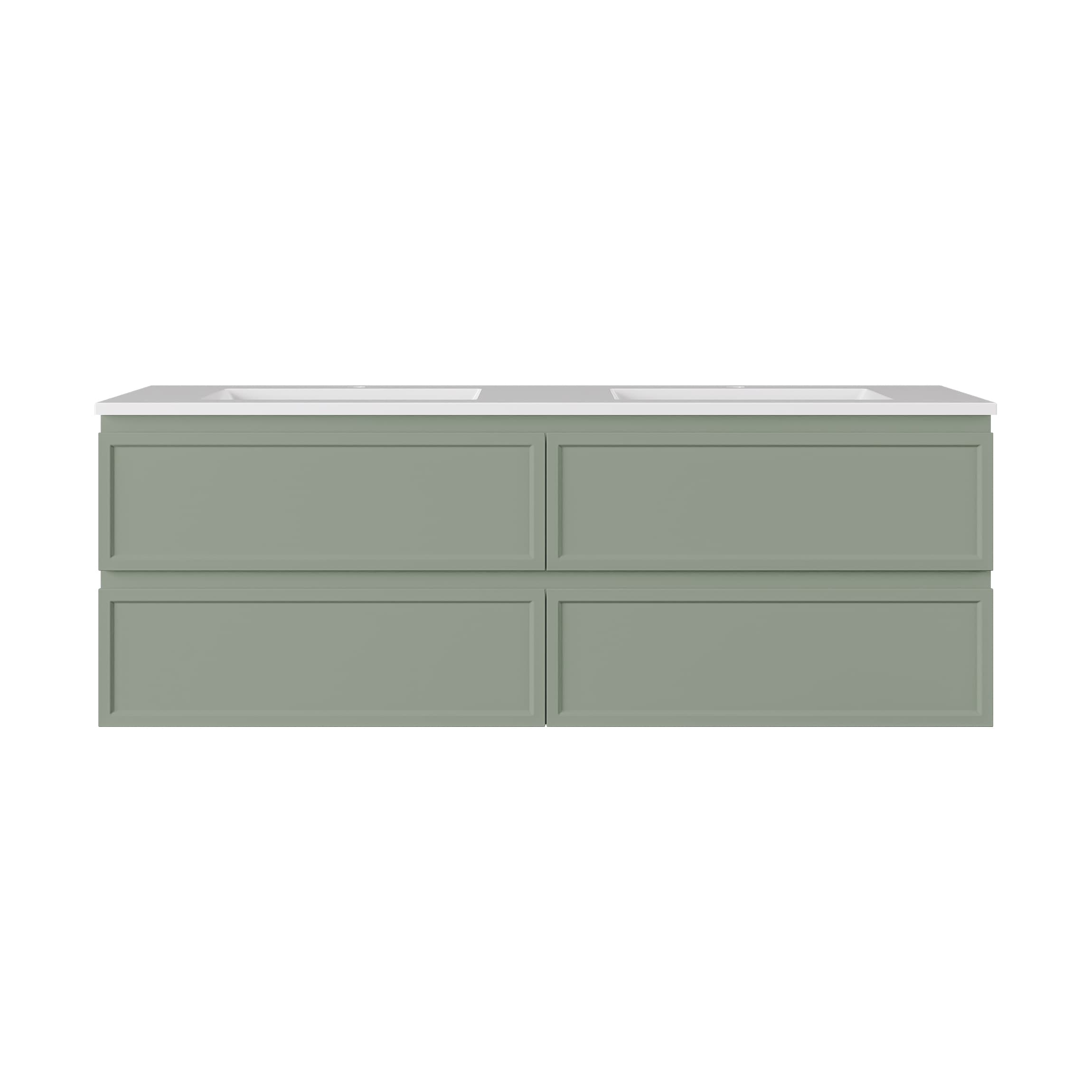 Isolated view of Lukka New Hamilton 1500mm Double Bowl Slim Wall Hung Vanity Cabinet in Olive Green on a white studio background.