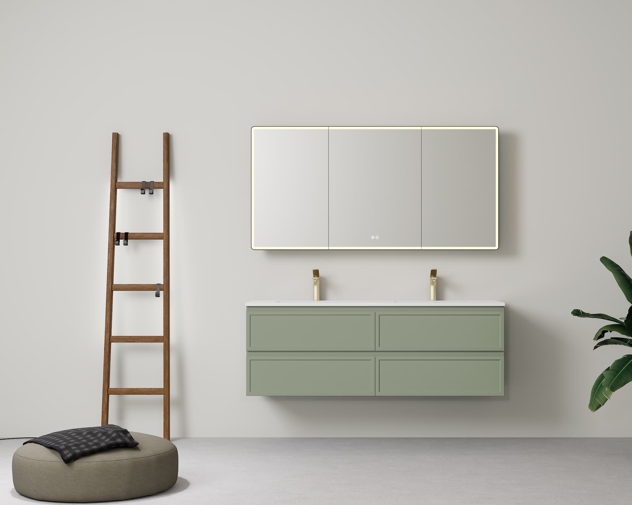 Grand contemporary bathroom featuring Lukka New Hamilton 1500mm Double Bowl Slim Wall Hung Vanity in Olive Green, highlighting its dual functionality and deep colour.