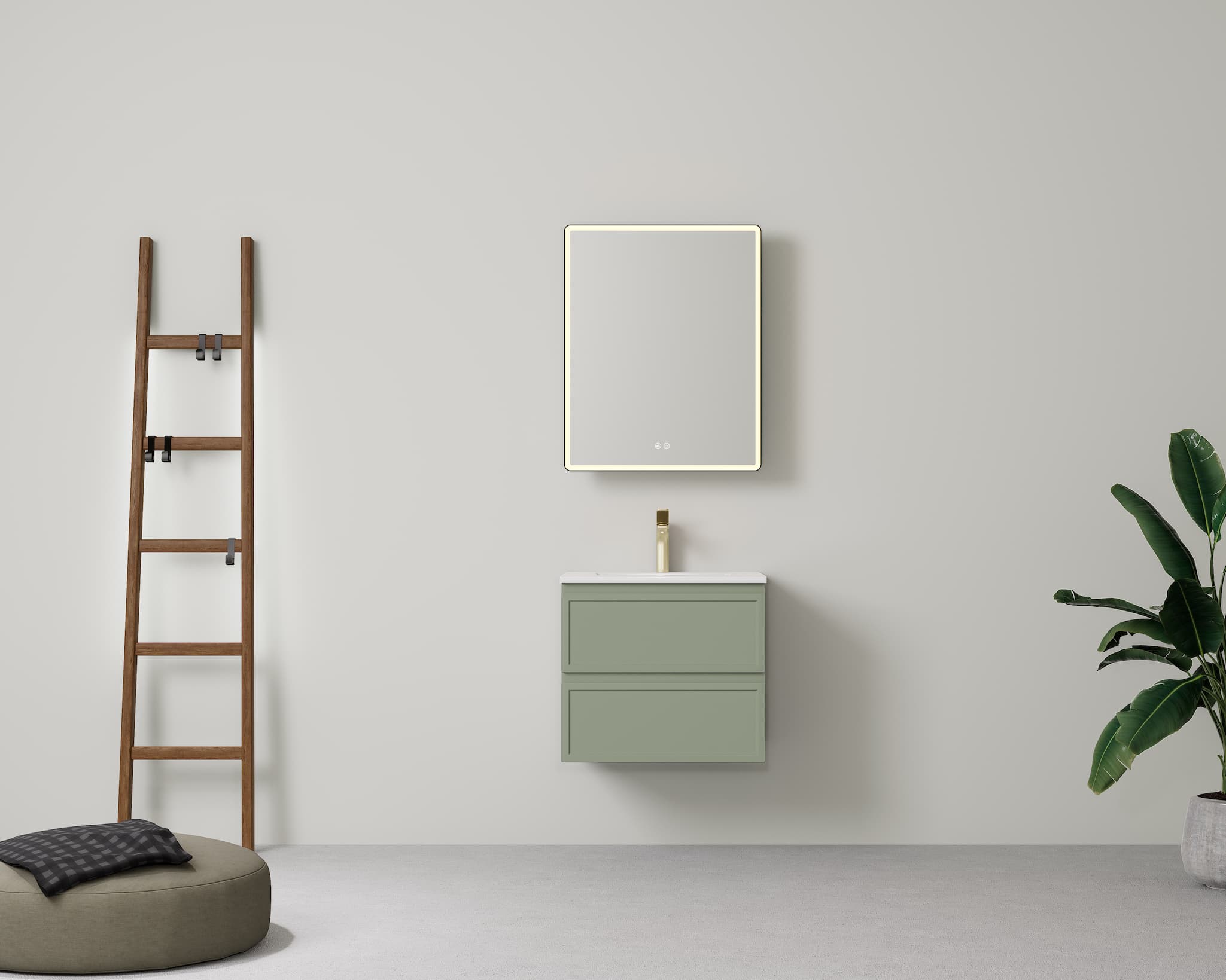 Modern bathroom setting featuring Lukka New Hamilton 600mm Federation Slim Wall Hung Vanity in bold Olive Green, offering a compact and uniquely coloured storage solution.