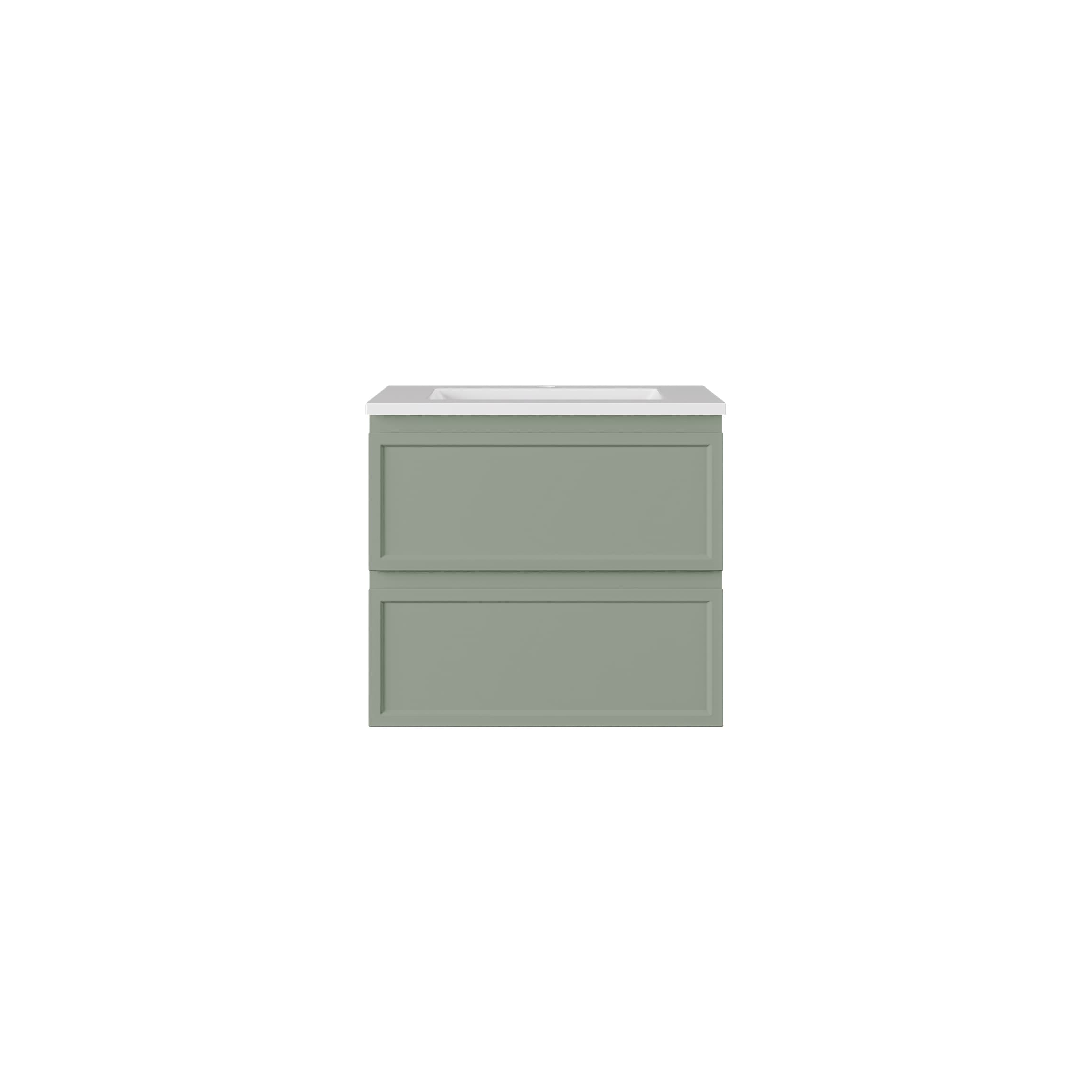 Front view of Lukka New Hamilton 600mm Federation Slim Wall Hung Vanity Cabinet in Olive Green, isolated on a white background, showing V-groove detail.