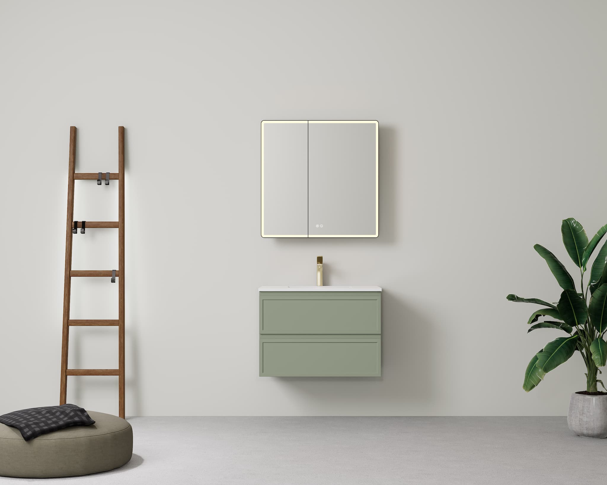 Contemporary bathroom with Lukka New Hamilton 750mm Slim Wall Hung Vanity in Olive Green, showcasing its elegant V-groove texture and striking paint finish.