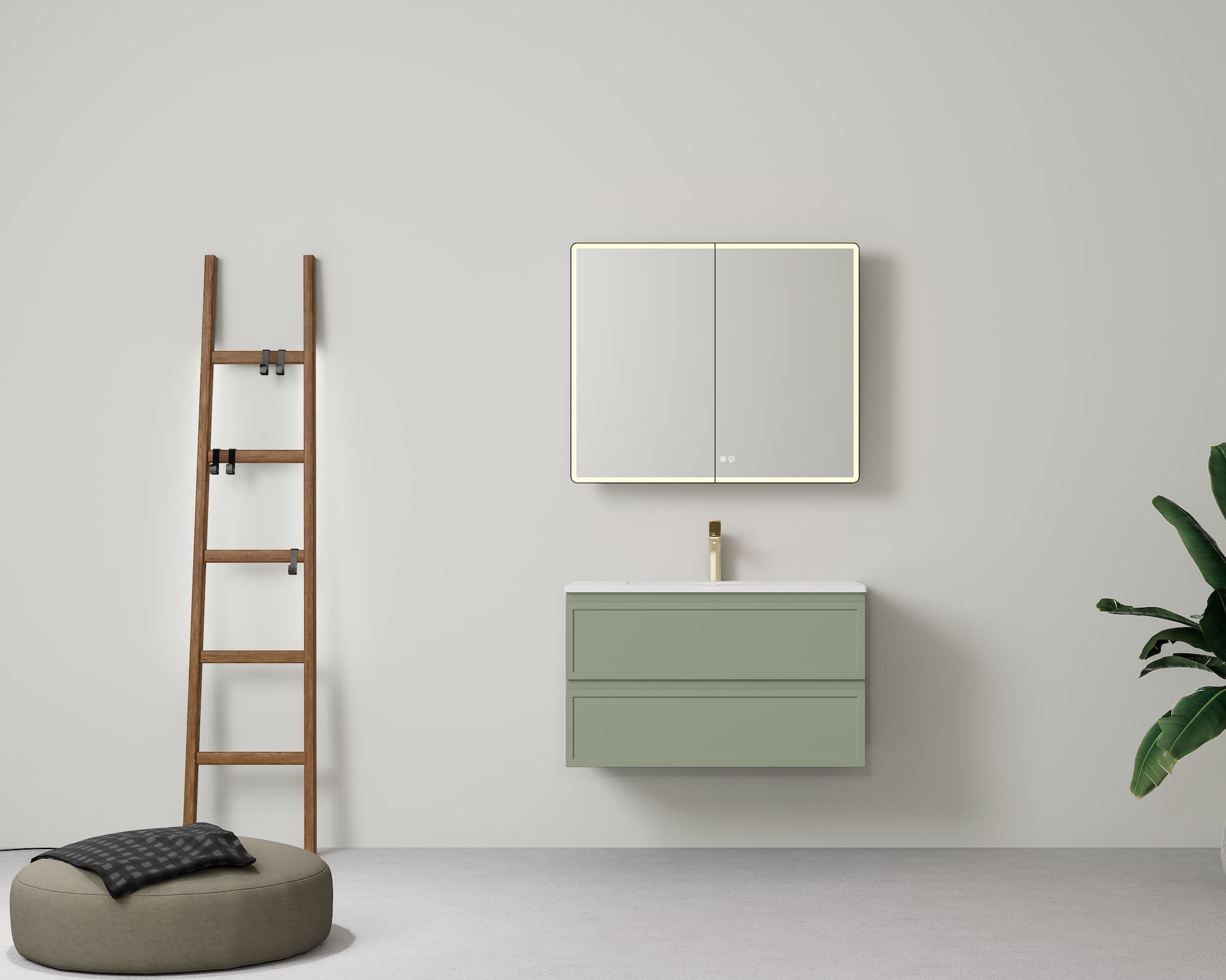 Stylish bathroom interior featuring Lukka New Hamilton 900mm Federation Slim Wall Hung Vanity in Olive Green, making a statement with its colour and slim design.