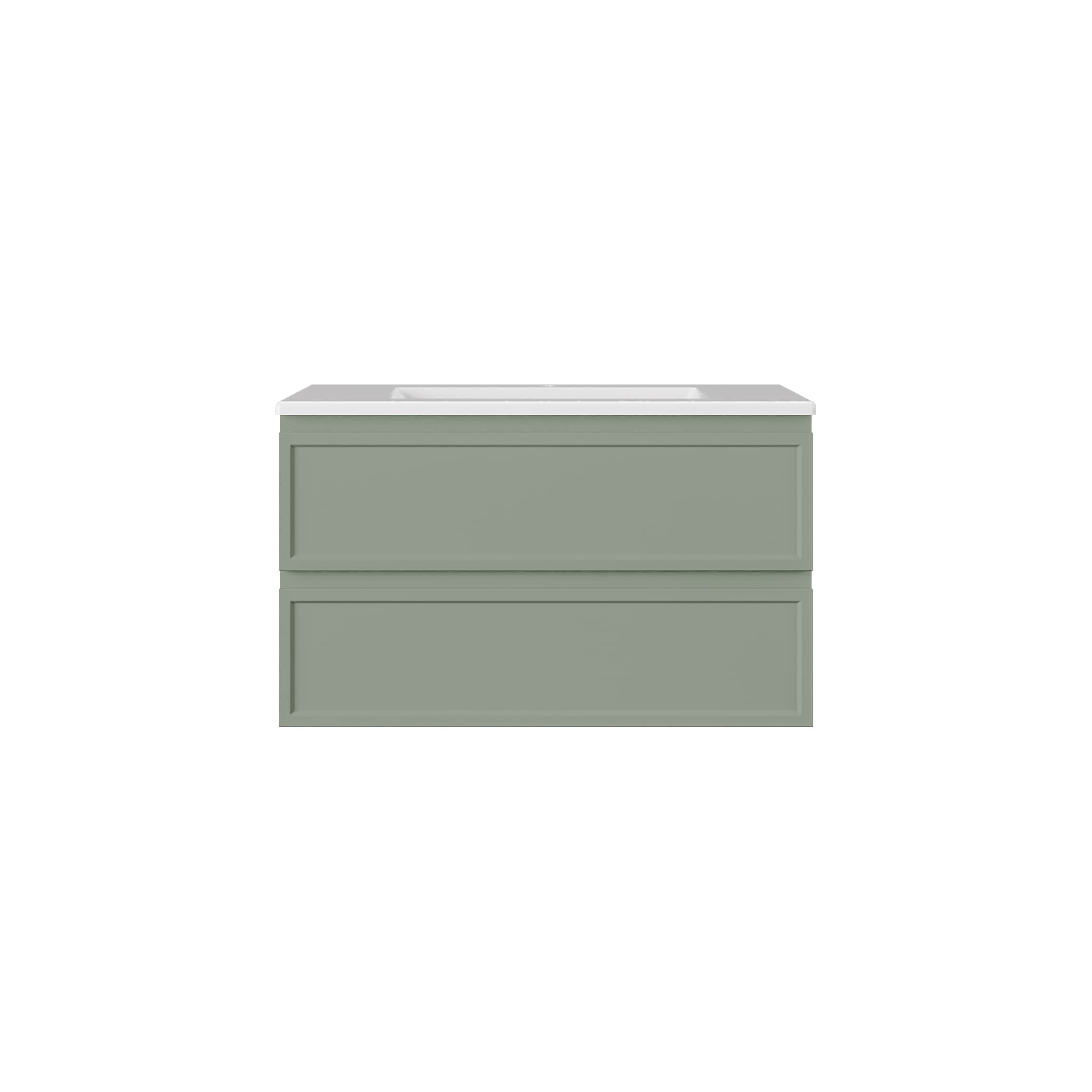 Isolated product shot of Lukka New Hamilton 900mm Federation Slim Wall Hung Vanity in Olive Green on a white background.