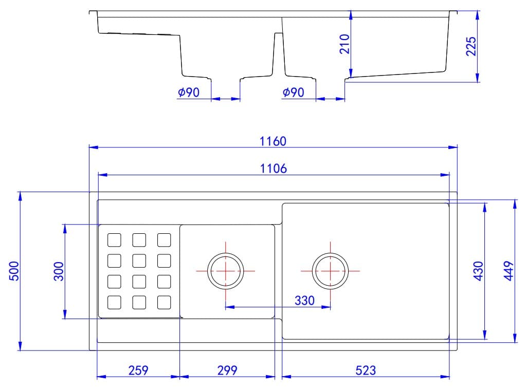 Secasa Home double bowl kitchen sink with drainer, technical drawing and precise dimensions.