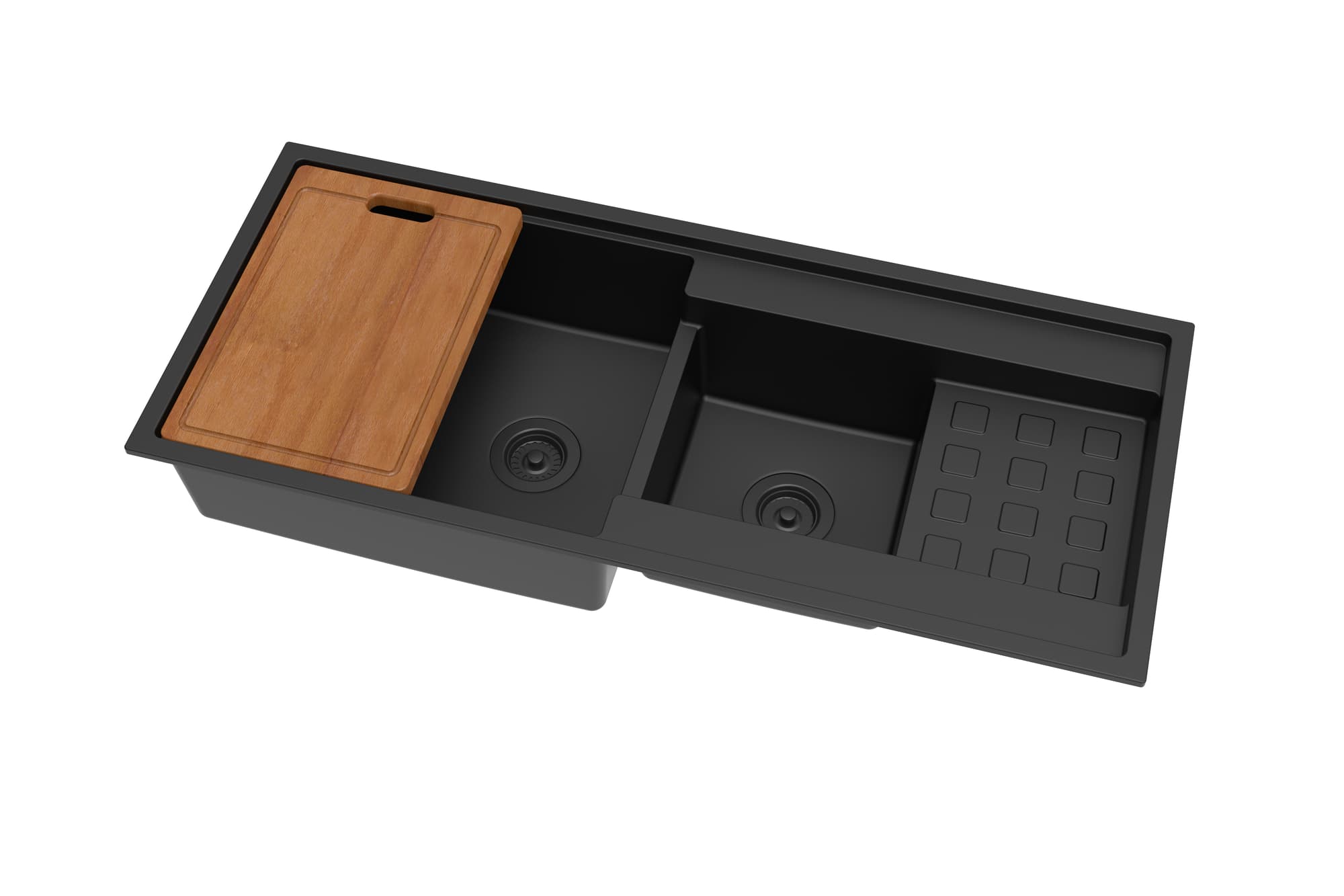 Accessories included with Gabrio Granite Workstation Sink, chopping board and waste strainers