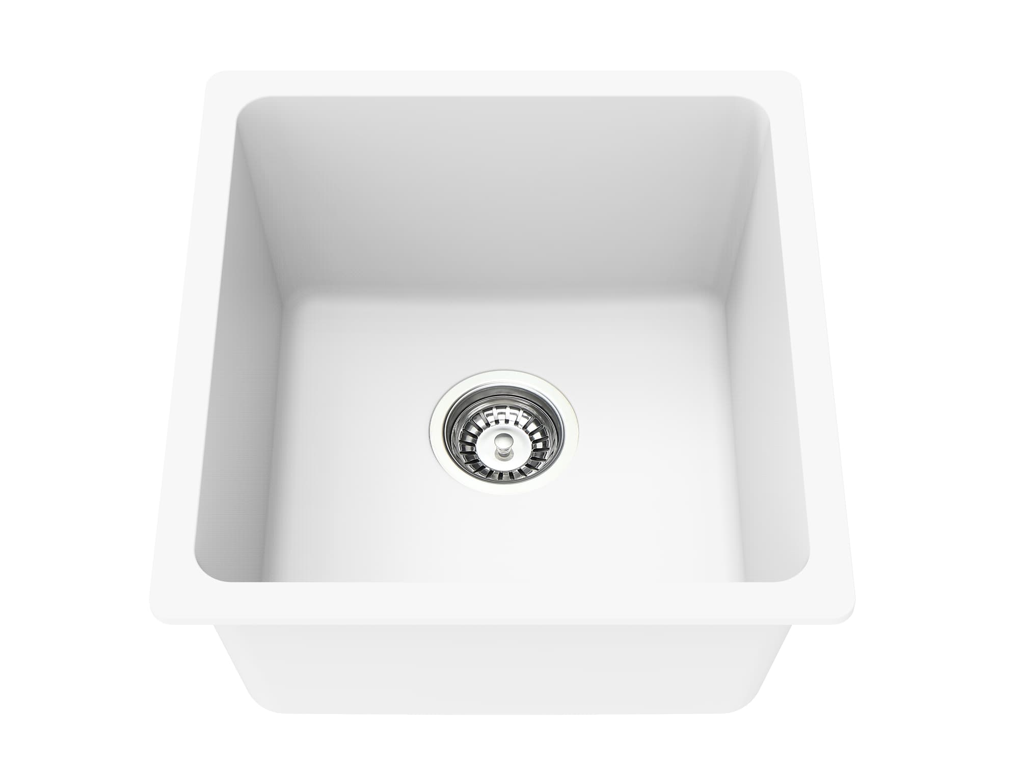 Gloss white single bowl granite kitchen sink, modern square design, viewed from above