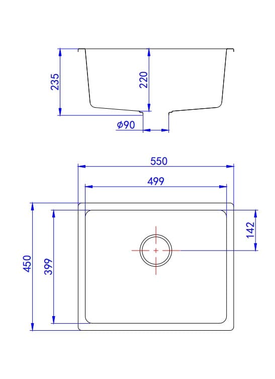 Rectangular kitchen sink technical drawing with dimensions 550x450x235mm, Secasa Home