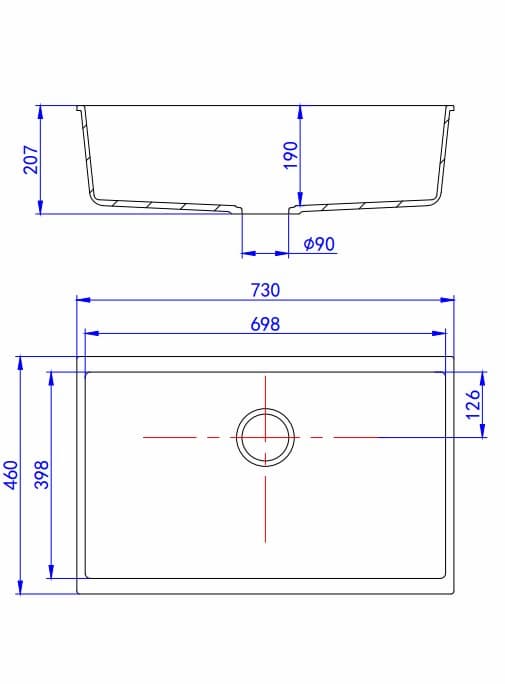 Rectangular kitchen sink technical drawing with labeled dimensions 730x460x207mm from Secasa Home