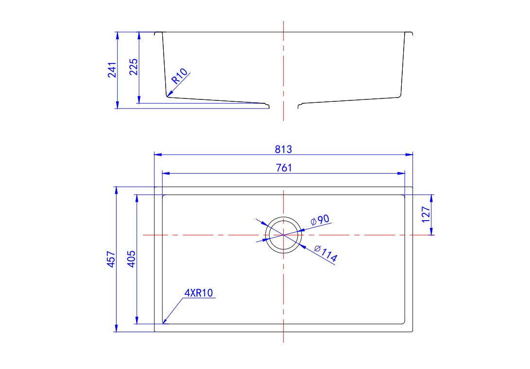 Secasa modern kitchen sink technical drawing with dimensions 813x457x241mm, top and side view