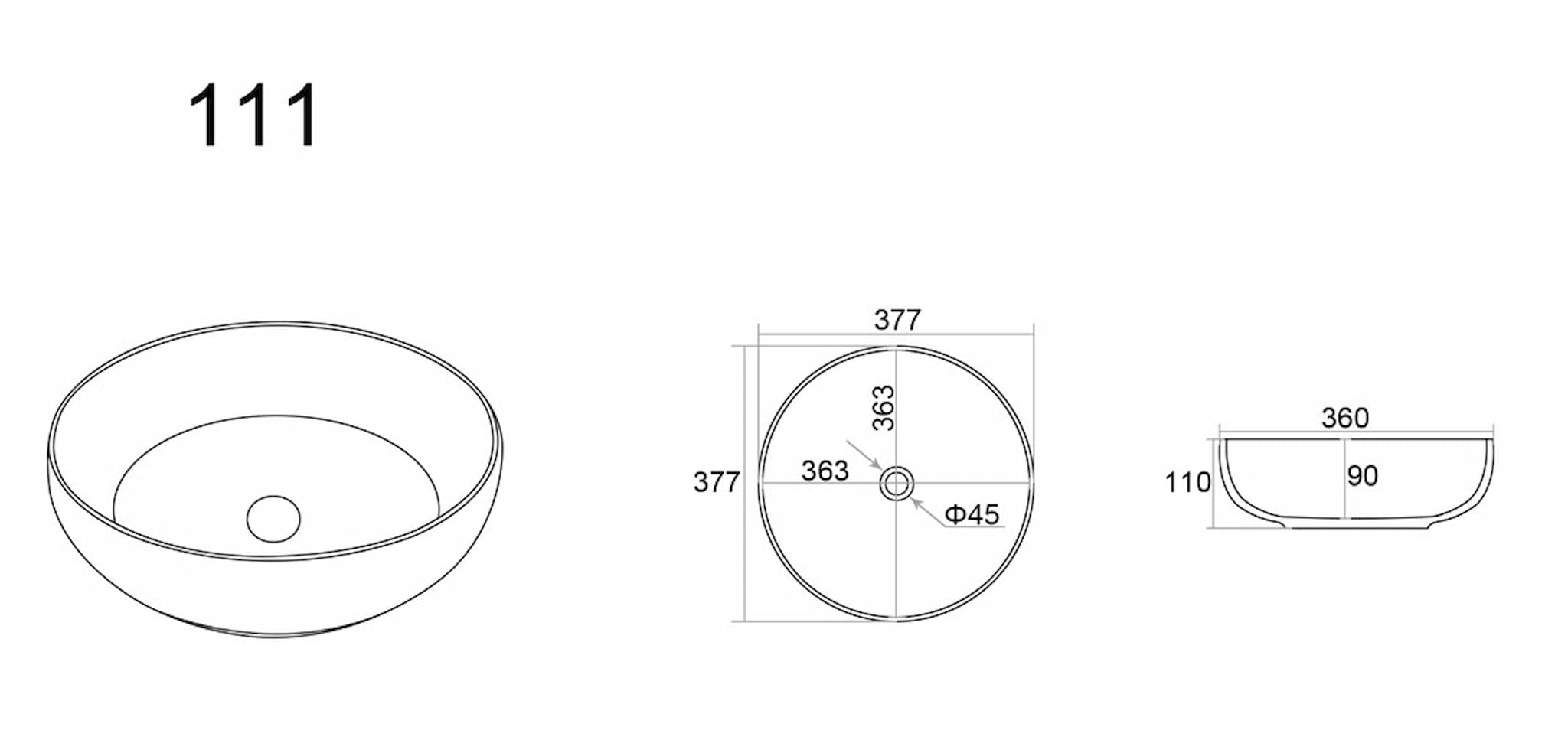 Oban Fine Ceramic Above Counter Basin 370×370×110 mm dimension drawing