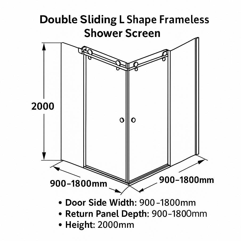 Sunny Brushed Gold NKE 900–1800×2000mm Double Sliding L Shape Frameless Shower Screen