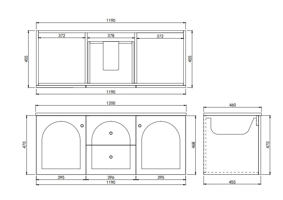 Lukka Chester Matt Black 1200mm wall-hung cabinet dimension diagram (length x depth x height).