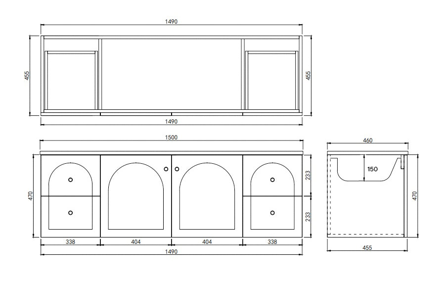 Lukka Chester Matt Black 1500mm wall-hung cabinet dimension diagram (length x depth x height).