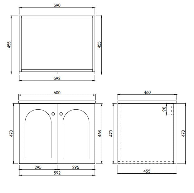 Lukka Chester Matt Black 600mm wall-hung cabinet dimension diagram (length x depth x height).