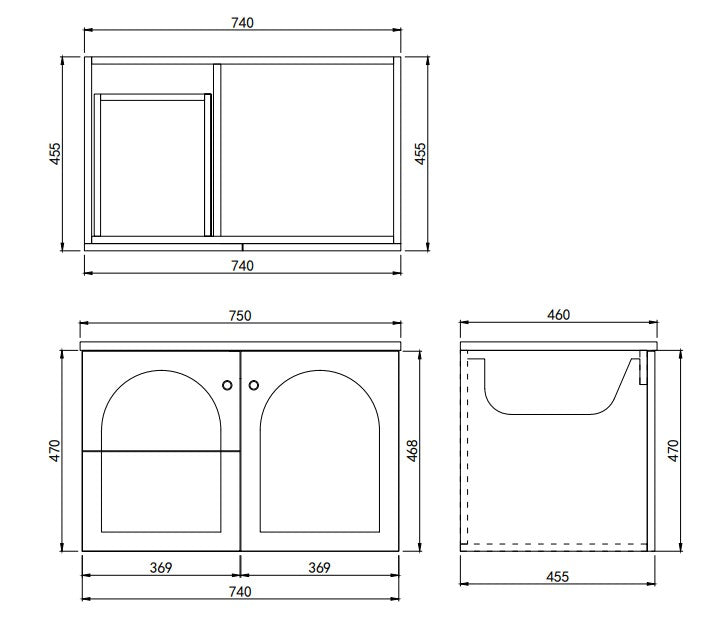 Lukka Chester Matt Black 750mm wall-hung LEFT drawer configuration cabinet dimension diagram (length x depth x height).