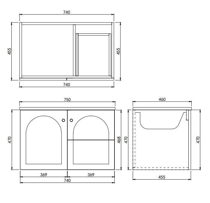 Lukka Chester Matt Black 750mm wall-hung right drawer configuration cabinet dimension diagram (length x depth x height).